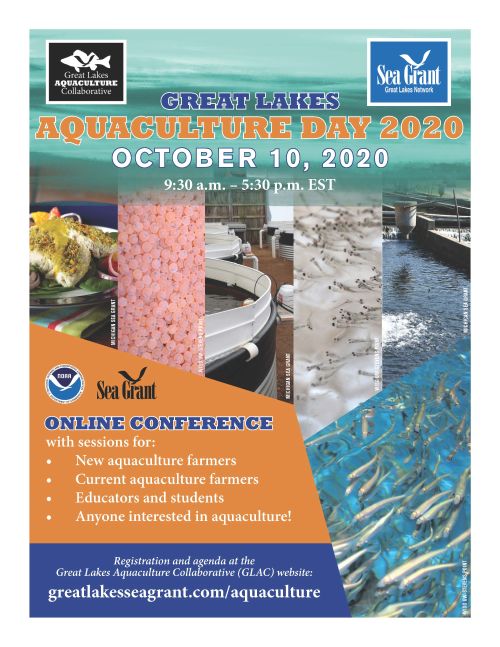 Decorative element. Colorful flyer with multiple images of aquaculture describes content of Great Lakes Aquaculture Day. All information on flyer is included in text of article.