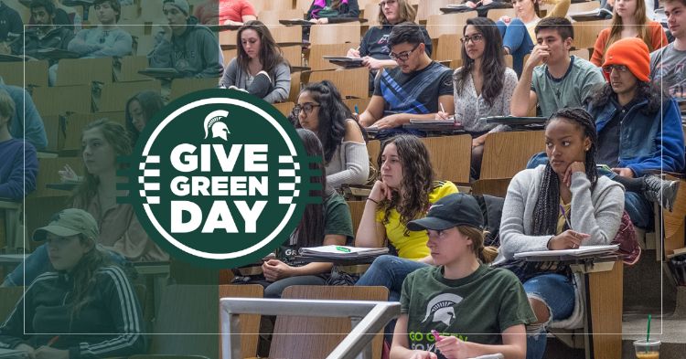Image of CANR students in lecture hall. Image also include the Give Green Day logo.