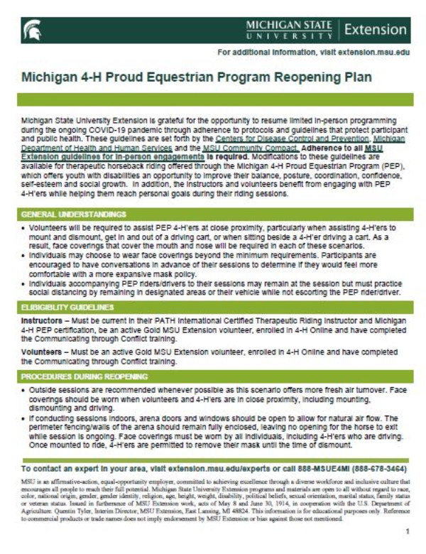 Thumbnail of the Michigan 4-H Proud Equestrian Program Reopening Plan document.