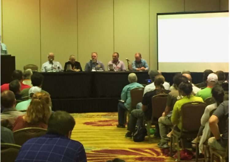Panel members discuss trellis design at the 2016 American Hop Convention in Palm Desert, CA.