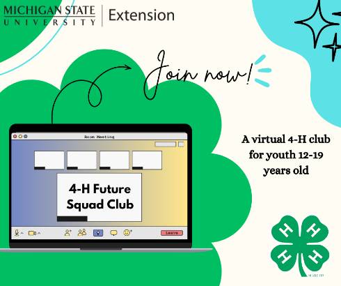 Image of a computer screen with 4-H Future Squad written on it.  4-H clover on bottom right of the page.