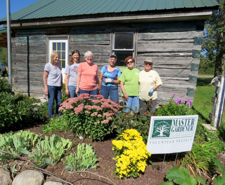 Iosco County Master Gardeners at their heritage/lasagna garden project. L-R: Gloria Kershaw, Cathy Menning, Liz Jacob, Jean Thomas, Louise Shoksnyder and Sue Kindt. Photo by Sarah Rautio, MSU Extension.