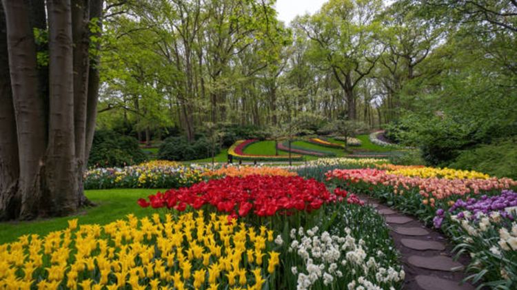 Yellow, white, red, purple and pink spring flowers.