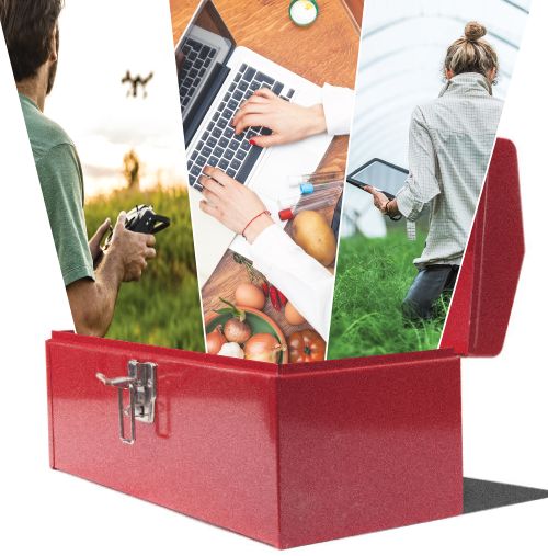 A toolbox containing images of a man flying a drone, a woman working typing on a computer and a women recording data on an iPad in a greenhouse.
