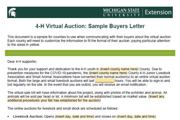 4 H Virtual Auction: Sample Buyers Letter Virtual Learning Showcase