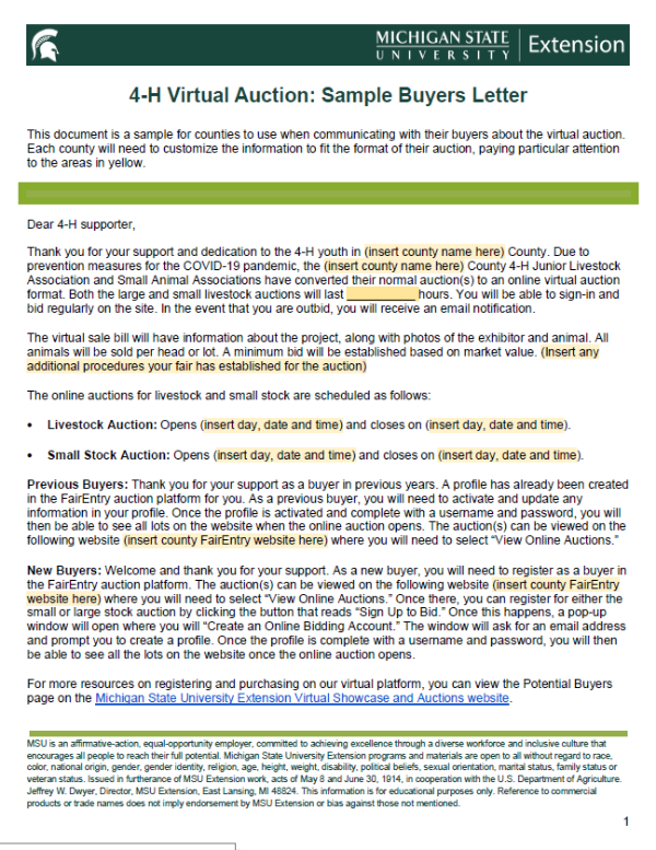 4H Virtual Auction Sample Buyers Letter Virtual Learning Showcase