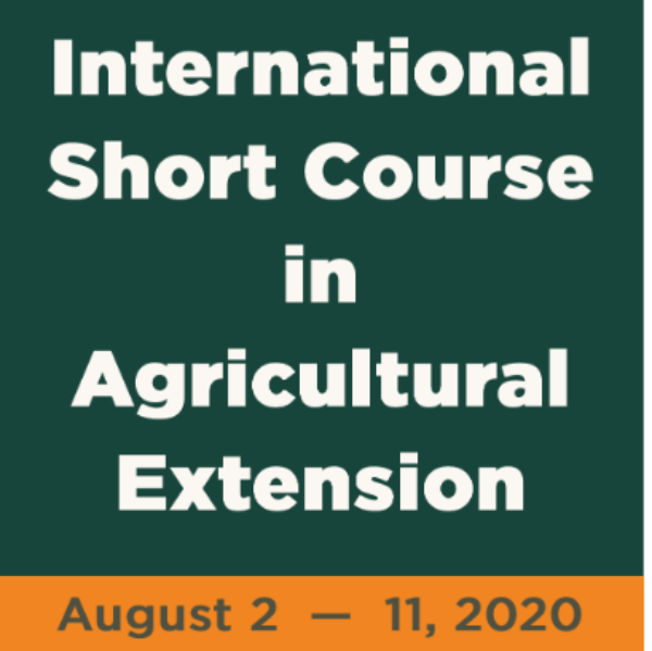 MSU Logo above a photo of students and teachers examining a flowering crop. Beneath the photo, International Short Course in Agricultural Extension is written with a date of August 2-11, 2020