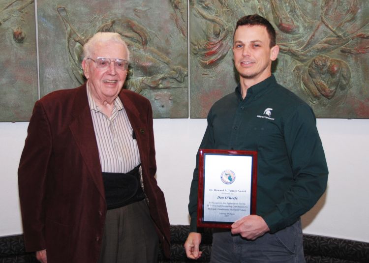 Michigan Sea Grant Extension educator Dr. Dan O’Keefe (right) recently received the Dr. Howard Tanner Award from the Michigan Steelheaders and Salmon Fishermen’s Association. Dr. Tanner is shown at left. Courtesy photo