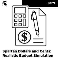 Thumbnail of the the first page of the curriculum. It shows a calculator, pen and a piece of paper with a dollar sign on it, as well as the 4-H clover, Spartan helmet and MSU Extension wordmark.