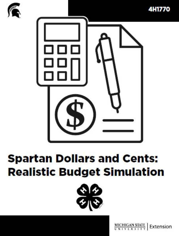 Thumbnail of the the first page of the curriculum. It shows a calculator, pen and a piece of paper with a dollar sign on it, as well as the 4-H clover, Spartan helmet and MSU Extension wordmark.