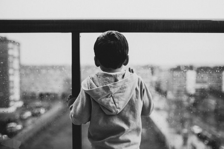 A boy looks out a window