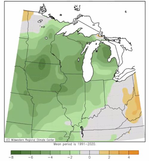 Midwest map showing average temperature.