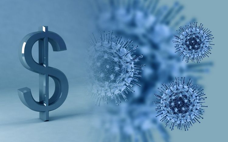 A dollar sign image and graphics of germs.