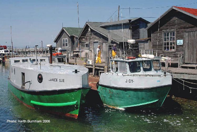 Fish tugs, Janice Sue and Joy, in Leland's historic Fishtown. Photo credit: Keith Burnham.
