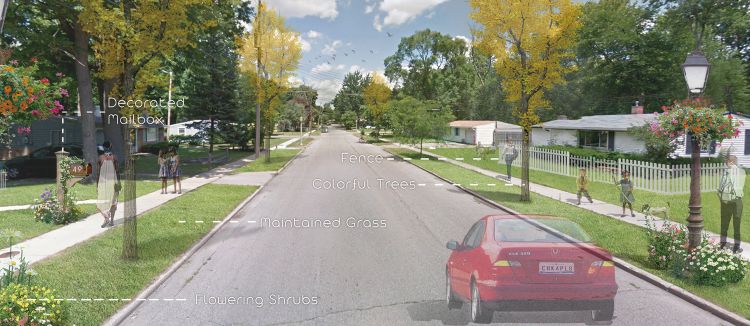 Rendered graphic showing neighborhood CPTED enhancements like lighting with flowers, decorated mailbox, fence around house, colorful trees, maintained grass and flowering shrubs planted at the base of the light posts.