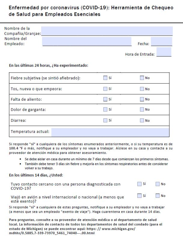 Coronavirus Disease Covid 19 Health Screening Tool For Essential Employees Spanish Agriculture