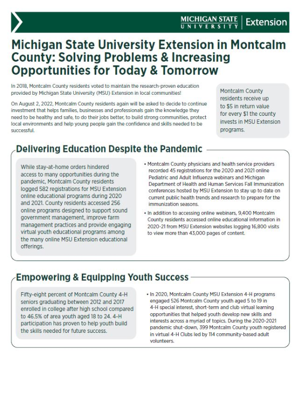 Thumbnail image of MSU Extension in Montcalm County: Solving Problems and Increasing Opportunities for Today and Tomorrow document.
