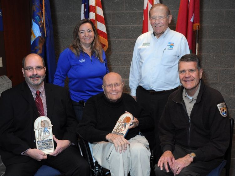 Michigan Sea Grant representatives Steve Stewart and Mary Bohling with John D.  Dingell, Jr., IWRA Chairman Richard Micka, and Refuge Manager John Hartig. Photo: Mark Messer