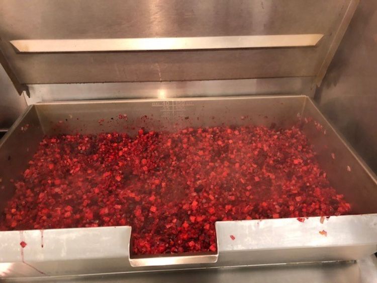 A skillet full of roasted veggie hash featuring local beets is ready to be served to students and staff. | Photo by Jessica Endres, Director of Dining Services at T-K Schools