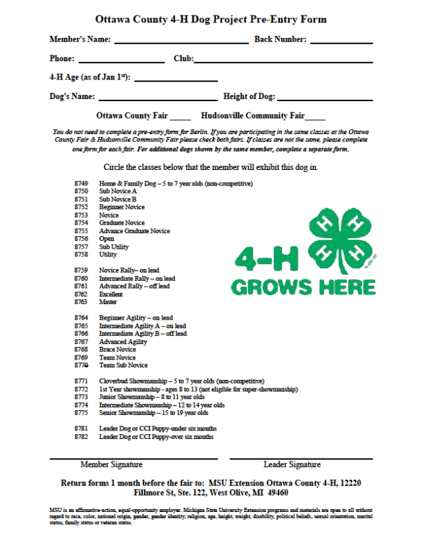 This is an image of the 4-H dog pre-entry form.