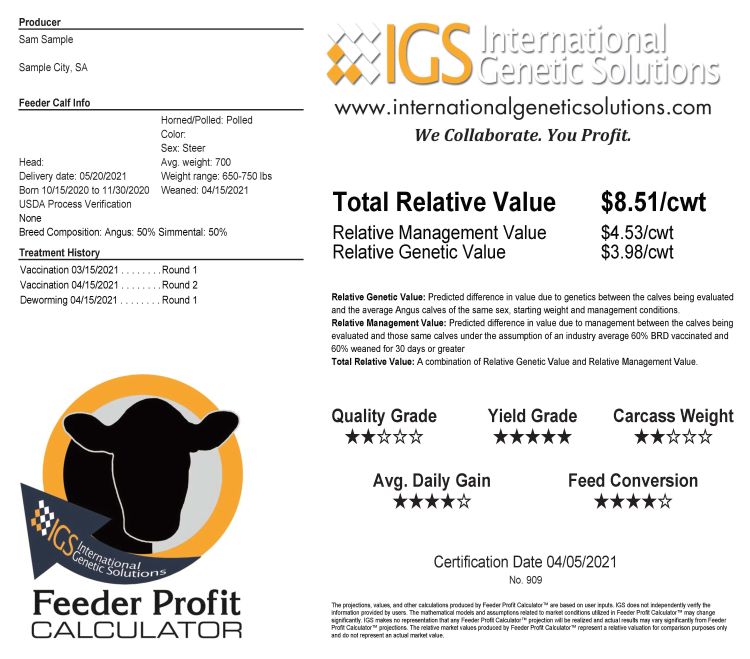 Example certificate from the IGS Feeder Profit Calculator  Photo Credit: International Genetic Solutions