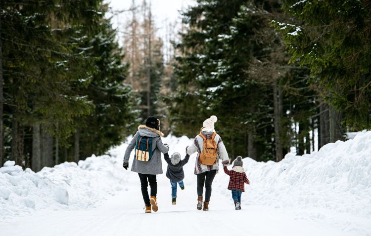 A family walking in the snow outside.