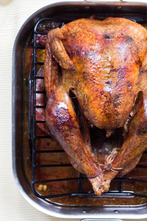 Roasted turkey in roasting pan.