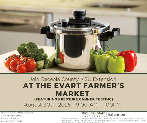 Pressure canner, assortment of vegetables on counter around canner, event details