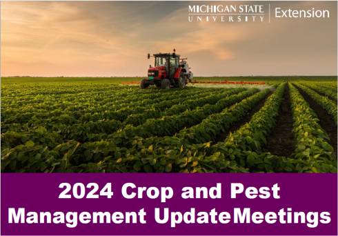 Tractor in a field of soybeans with 2024 Crop and Pest Management Update Meetings title