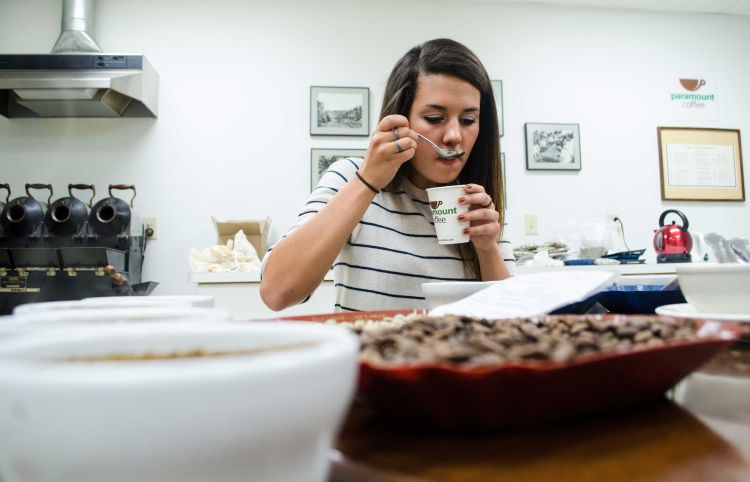 Food Industry Management major Rebecca Kost learns about coffee at Paramount this summer