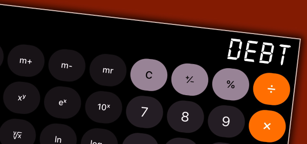 Calculator with debt written on screen.