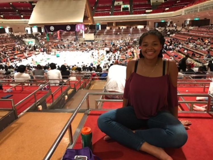 Michigan 4-H outbound delegate at a Sumo wrestling match in Japan. Photo provided by Saudia Tate.