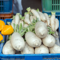 Peppers, turnips, and carrots in bulk bins.
