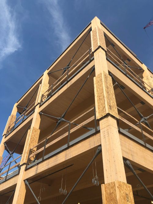 A photo of the Michigan State University STEM Teaching & Learning Facility during construction. Three stories of mass timber columns and beams are exposed.