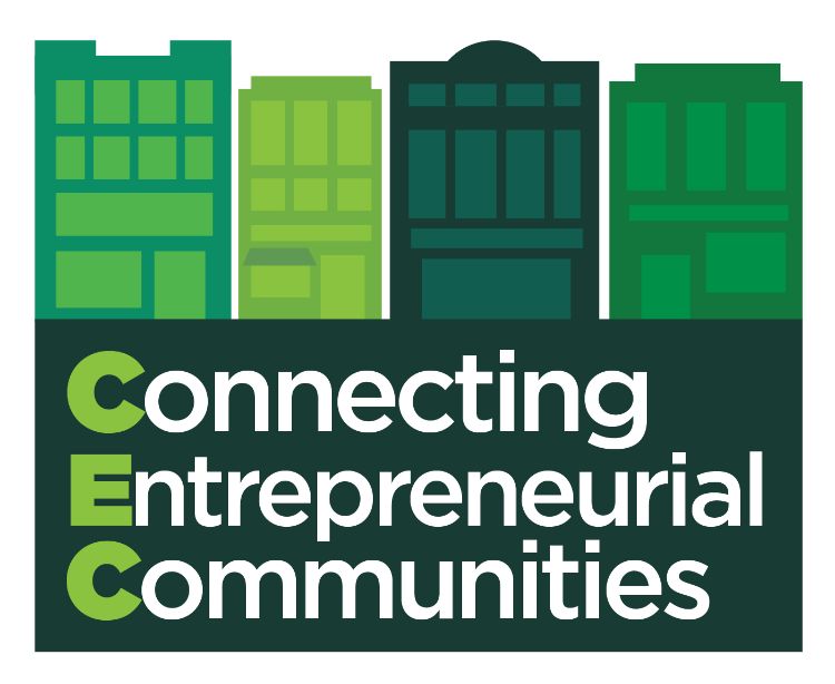 Connecting Entrepreneurial Communities logo with different colored green  buildings