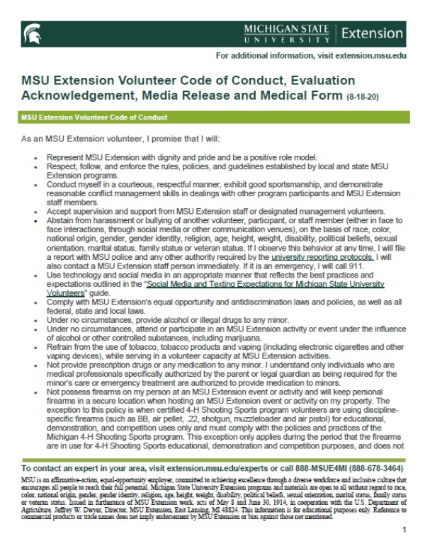 MSU Extension Volunteer Code of Conduct, Evaluation Acknowledgement, Media Release and Medical Form (8-18-20)