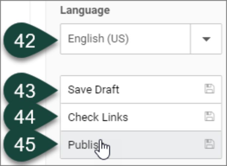 Showing final step buttons for Article content type, including Language, Save Draft, Check Links and Publish.