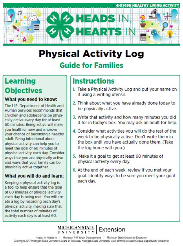Physical Activity Log cover page.