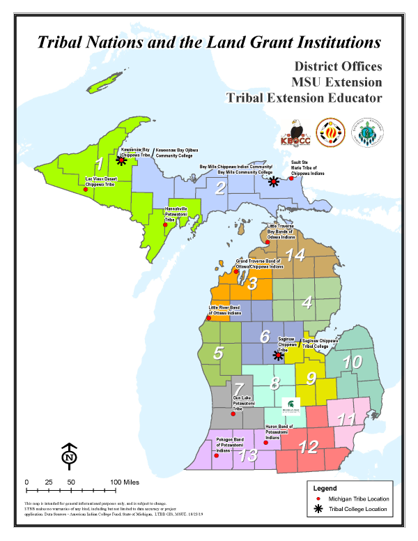 Map of Michigan, denoting the 14 MSU Extension districts, 4 land grant institutions, and tribal nations.
