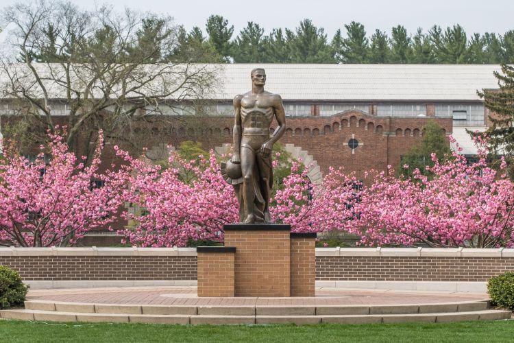 The Spartan Statue with flower trees in the backyard on the campus of Michigan State University.