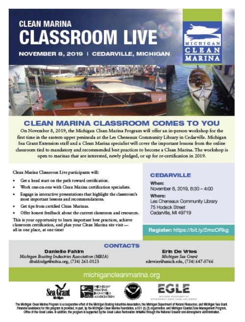 Flyer describes the Michigan Clean Marina Workshop to be held in Cedarville on Nov. 8, 2019. All information on the flyer is available in this article.