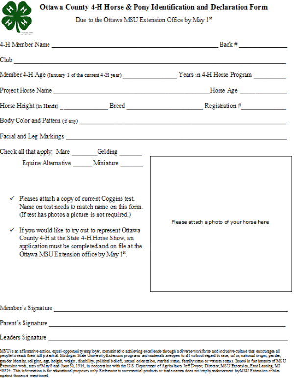 This is an image of the 4-H Horse & Pony Identification & Declaration form.