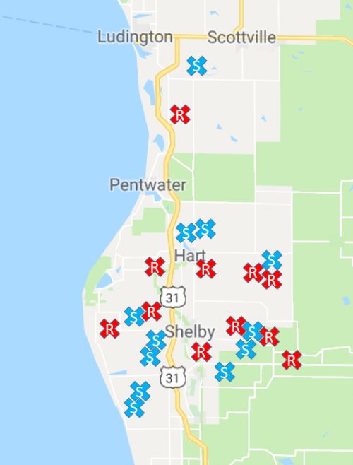 Figure 1: map of the collection locations of streptomycin resistant (red x with an “R”) and susceptible (blue x with an “S). Some locational marks represent more than one field due to close proximity of fields to one another.