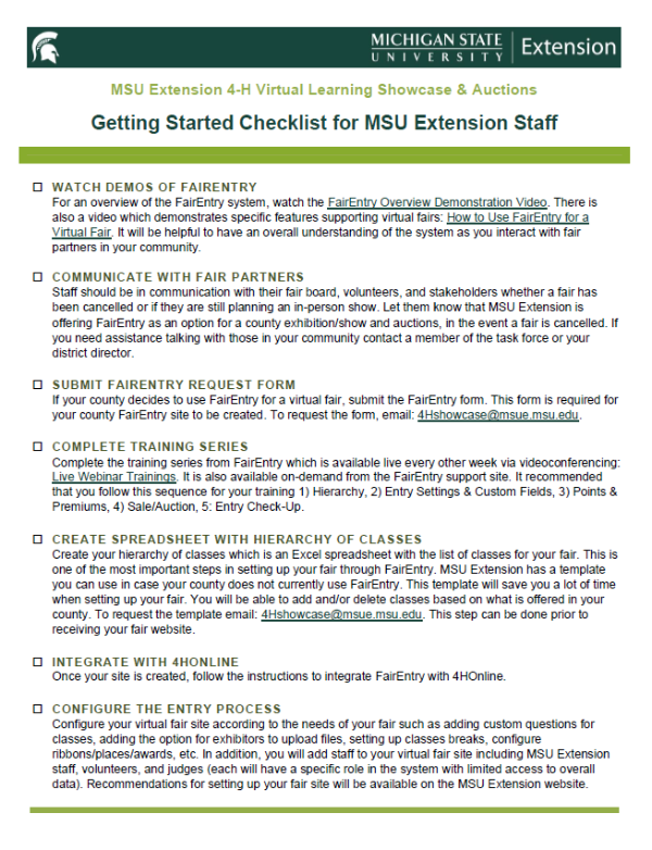 Thumbnail of the Getting Started Checklist for MSU Extension Staff document.