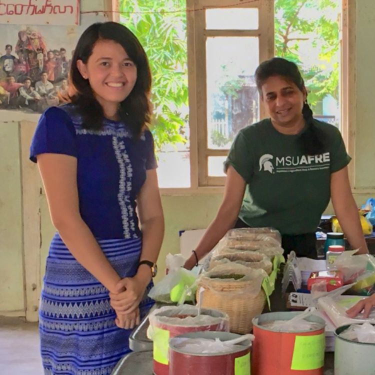 AFRE's Myat Thida Win with Mywish Maredia in Myanmar, conducting field research.
