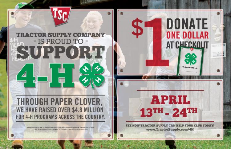 The spring 4-H Paper Clover Campaign runs April 13 - 24 at local Tractor Supply Company stores, including 79 in Michigan. Paper 4-H clovers can be bought for $1 at checkout, with proceeds benefiting local 4-H programs