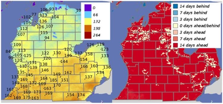 Growing degree day (GDD) base 50 totals (left) and comparison with normal (right).