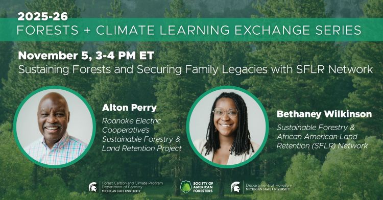 Flyer for the November Learning Exchange Series webinar. In this webinar, Alton Perry from Roanoke Cooperative SFLRP and Bethaney Wilkinson from SFLR Network present 