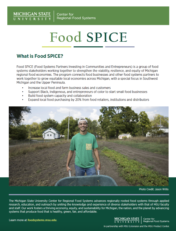 Image of the SW Michigan Food SPICE Flyer showing a young man pushing a wheelbarrow.