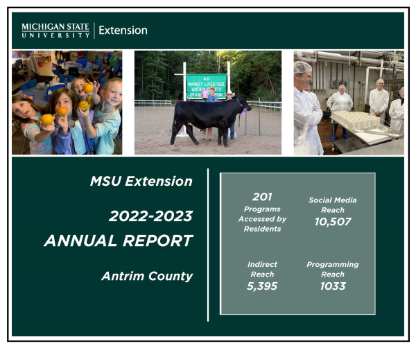 Front cover of the antrim county msu extension annual report, featuring pictures of 4-H youth and a cheese making class.